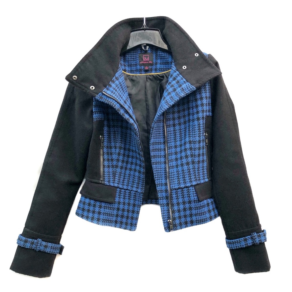 Material Girl Retro Houndstooth Wool Moto Bomber Jacket Zip Up Stylish Blazer S